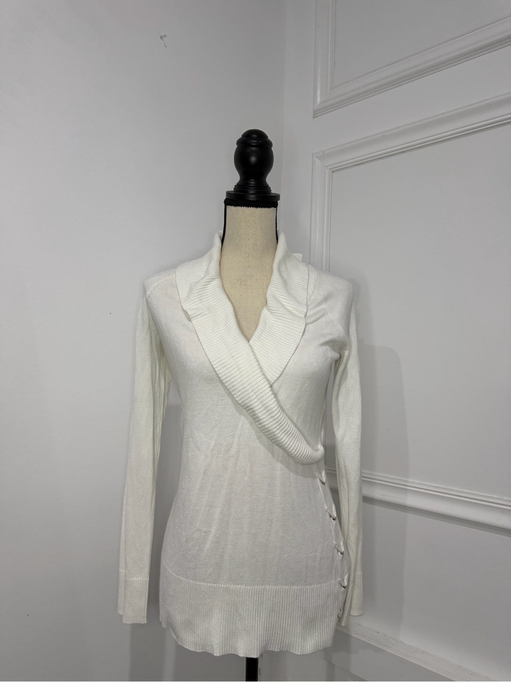 White House Black Market Cream Wrap-Style Lace-Up Sweater